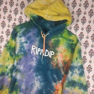 Ripndip Mens Tie Dye Hoodie Blue Green Yellow Raised Logo Sweatshirt Size S